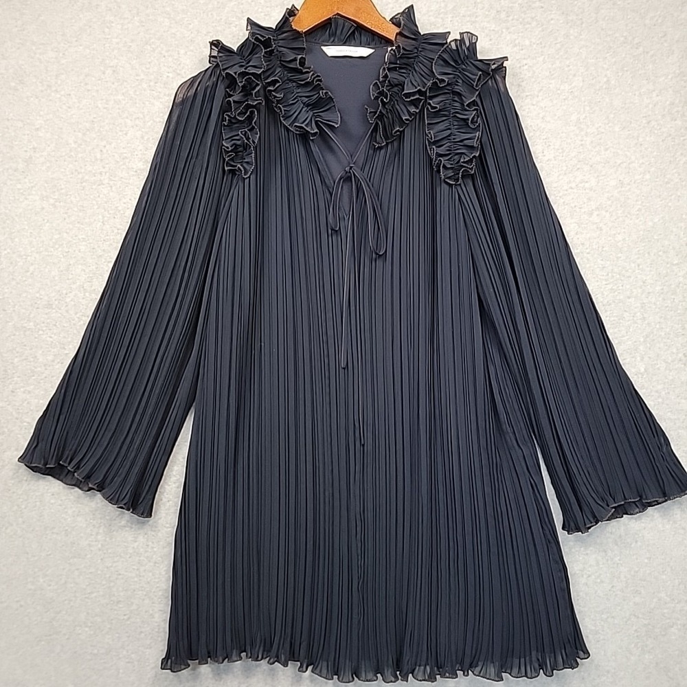 REBECCA TAYLOR Petal Pleated Long Sleeve Navy V-Neck Shift Dress Ruffles Size‎ S